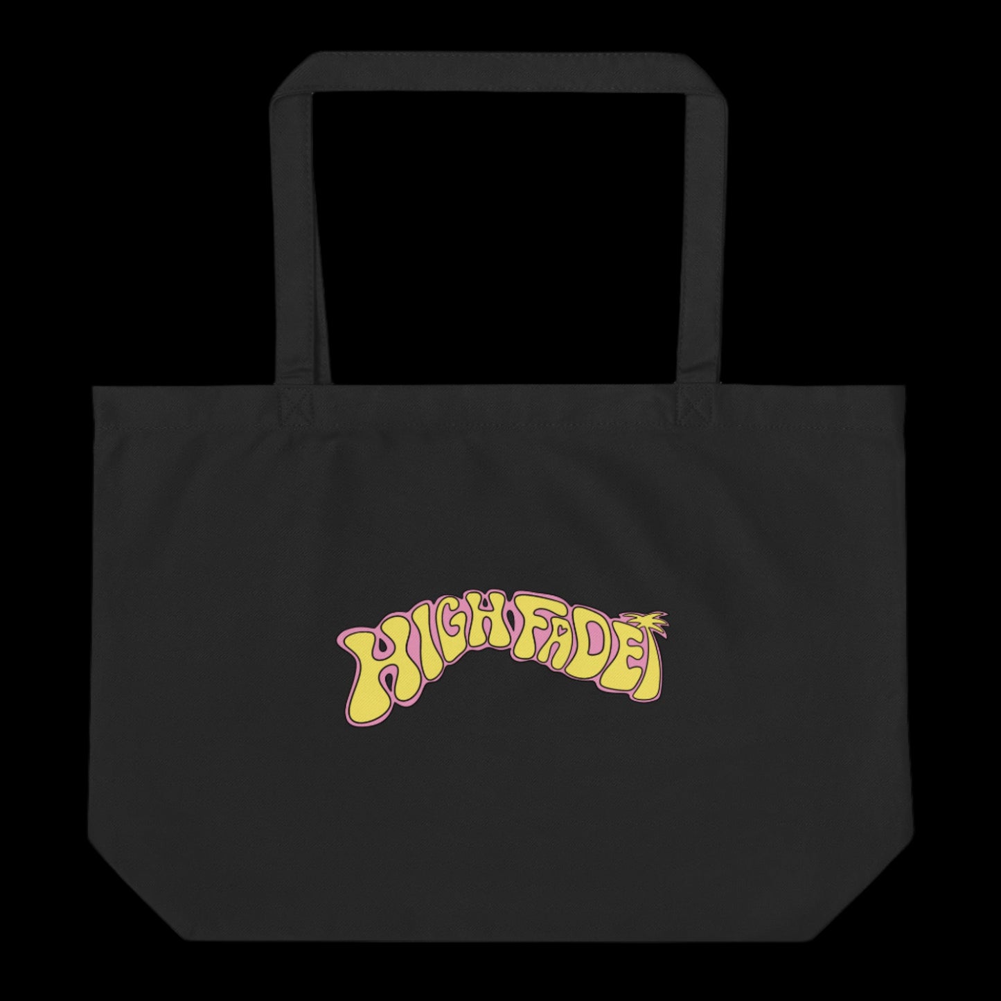 Black tote bag with 'HIGH FADE' text in yellow on a white background