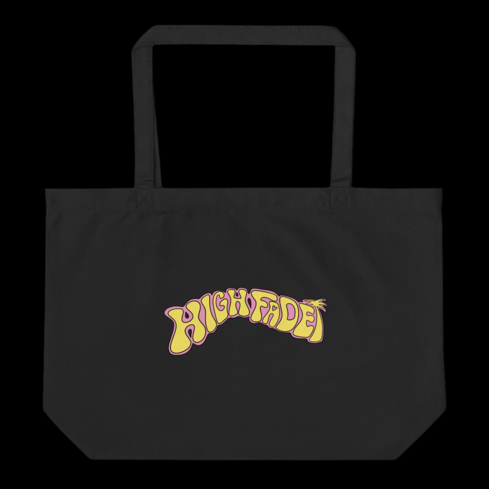 Black tote bag with 'HIGH FADE' text in yellow on a white background