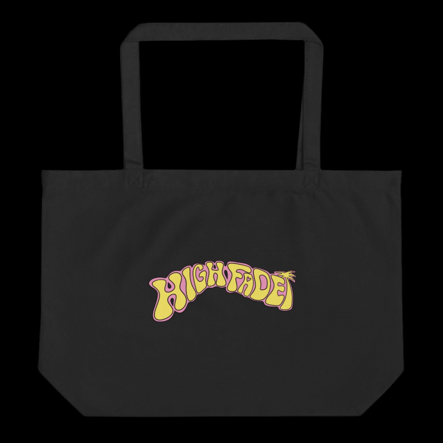 Black tote bag with yellow 'High Fade' text on a black background
