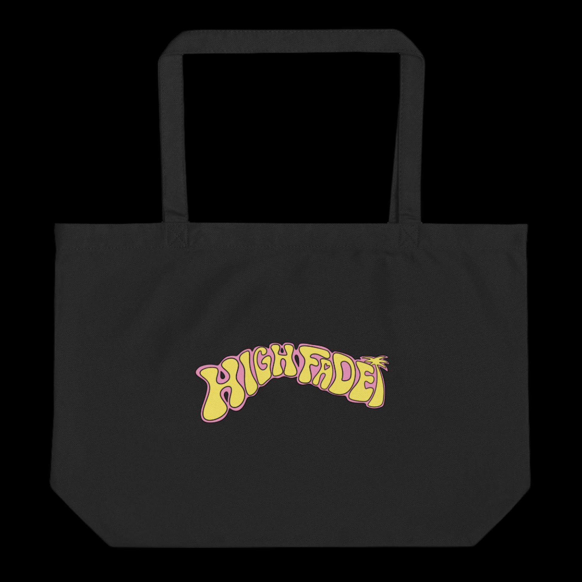 Black tote bag with yellow 'High Fade' text on a black background